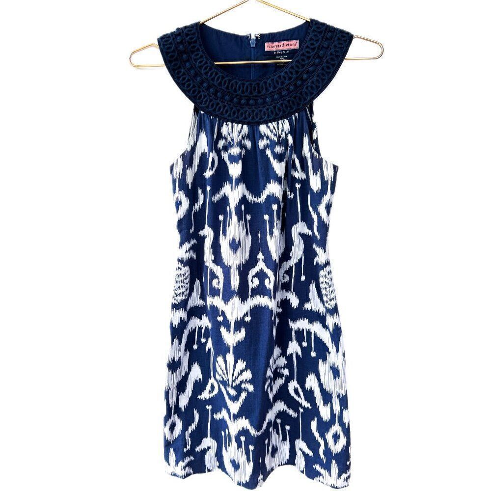 Vineyard Vines Blue White Ikat Print Embroidered Collar 100% Cotton Dress Size 0